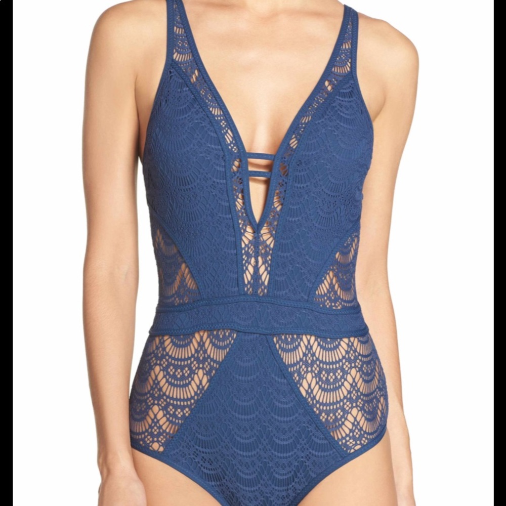 Becca Blue Crochet One Piece Swimsuit